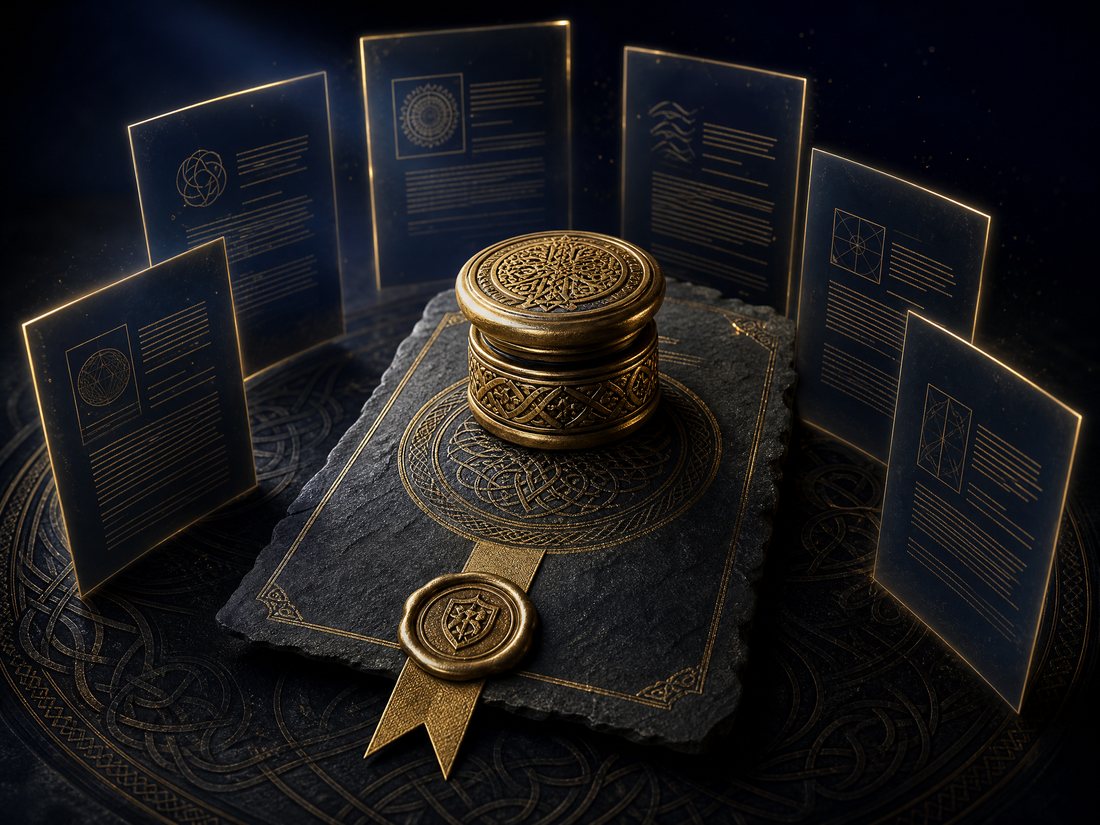 Gold embossed legal seal resting on a dark slate document surrounded by glowing document plates